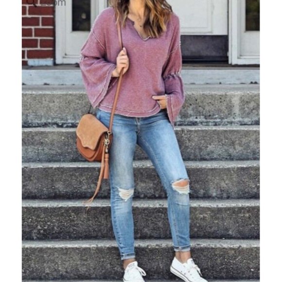 Free People Dahlia Washed Thermal Size S Wine Long Bell Sleeve Top V Neck - Picture 4 of 15